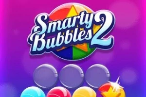 Logo z napisem Smarty Bubbles 2 na tle w odcieniach fioletu z kolorowymi bąbelkami poniżej
