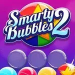 Logo z napisem Smarty Bubbles 2 na tle w odcieniach fioletu z kolorowymi bąbelkami poniżej