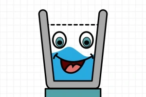 Szklanka wypełniona niebieską cieczą z uśmiechniętą twarzą i dużymi oczami na białym tle w kratkę