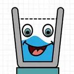 Szklanka wypełniona niebieską cieczą z uśmiechniętą twarzą i dużymi oczami na białym tle w kratkę