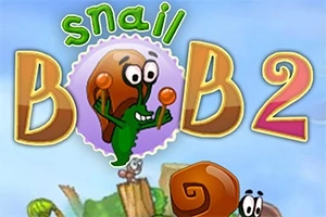 Ślimak z dużymi oczami i pomarańczową skorupą na niebieskim tle z kolorowym napisem Snail Bob 2