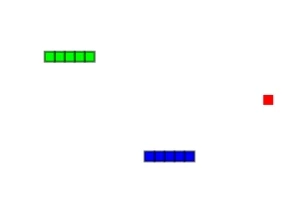 Zielony prostokąt złożony z mniejszych kwadratów na górze, niebieski prostokąt z mniejszych kwadratów na dole oraz czerwony kwadrat po prawej stronie na białym tle