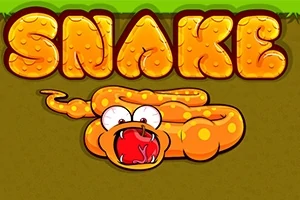 Żółty, rysunkowy wąż z wyłupiastymi oczami i otwartą paszczą na brązowym tle z napisem SNAKE u góry