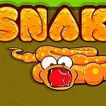 Żółty, rysunkowy wąż z wyłupiastymi oczami i otwartą paszczą na brązowym tle z napisem SNAKE u góry