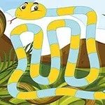 Żółto-niebieski wąż ułożony w zygzakowaty wzór na tle zielonego krajobrazu z gór i liści, z oznaczeniem Finish