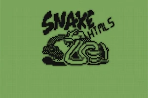 Czarno-biały rysunek węża z napisem SNAKE HTML5 na zielonym tle