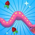 Różowy wąż z żółtymi rombami na grzbiecie otoczony unoszącymi się truskawkami na niebieskim tle z promieniami i gwiazdkami