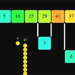 Żółte kulki ułożone w pionowy szereg uderzają w kolorowe bloki z numerami na czarnym tle