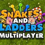 Kolorowy napis Snakes and Ladders Multiplayer na tle zielonej trawy, z żółtą i fioletową drabiną oraz wizerunkami animowanych postaci i węża