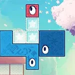 Kolorowe bloki z oczami na tle krajobrazu z kwitnącymi drzewami sakury i budynkiem w japońskim stylu