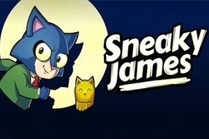 Niebieski kot w zielonej kurtce patrzy zza żółtej statuetki, z łukowatym napisem Sneaky James na ciemnym tle