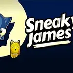 Niebieski kot w zielonej kurtce patrzy zza żółtej statuetki, z łukowatym napisem Sneaky James na ciemnym tle