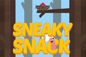 Żółty napis SNEAKY SNACK, różowy robak i ptak w gnieździe na tle leśnej scenerii