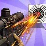 Karabin snajperski celujący w tarczę strzelniczą z iskrzącymi pociskami na fioletowym tle