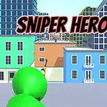 Zielona postać celuje z broni w kierunku budynków miejskich z neonowym napisem SNIPER HERO na górze