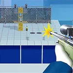 Snajper celujący karabinem z celownikiem optycznym w kierunku postaci na minimalistycznym tle z metalową kratką