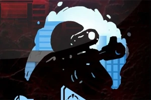 Silhouette postaci z bronią na tle abstrakcyjnych, ciemnych i jasnoniebieskich wzorów