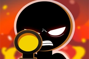 Czarna postać z kreskówki z wyrazistymi białymi oczami trzyma strzelbę na tle ognia i płomieni