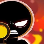 Czarna postać z kreskówki z wyrazistymi białymi oczami trzyma strzelbę na tle ognia i płomieni