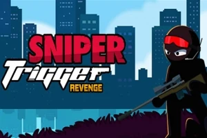 Grafika przedstawia postać z karabinem snajperskim na tle sylwetki miasta z tytułem Sniper Trigger Revenge