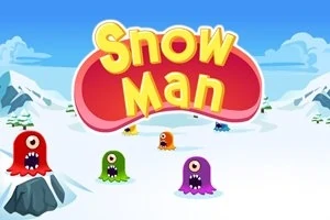 Kolorowe potworki o jednym oku na ośnieżonym tle z dużym napisem Snow Man na górze