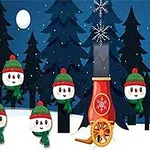 Bałwanki w czapkach i szalikach w zimowym lesie nocą z armatą strzelającą śnieżynkami