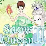 Dwie postacie kobiece w fantazyjnych strojach, z ozdobami na głowach, jedna trzyma ognisty atrybut, otoczone zielonym i lodowym tłem