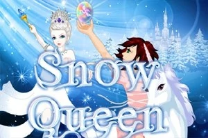 Postacie w zimowej scenerii, jedna trzymająca kulę kryształową, druga w towarzystwie białego konia, z napisem „Snow Queen” na pierwszym planie
