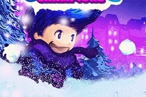 Postać z niebieskimi włosami i szalikiem biegnąca przez zaśnieżoną scenerię na tle oświetlonych budynków i drzew