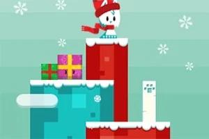 Postać w czerwonym szaliku i czapce zimowej na kolorowych platformach z prezentami w tle