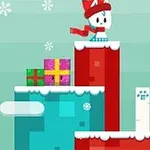 Postać w czerwonym szaliku i czapce zimowej na kolorowych platformach z prezentami w tle