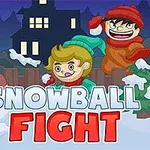 Dwoje dzieci rzucających się śnieżkami obok bałwana, w tle widoczny jest dom, a na pierwszym planie napis Snowball Fight