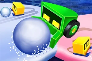 Zielone i żółte pojazdy z oczami pchające duże, błyszczące kule po kolorowej powierzchni