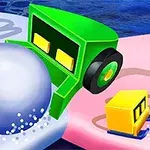 Zielone i żółte pojazdy z oczami pchające duże, błyszczące kule po kolorowej powierzchni