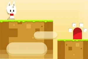 Kreskówkowa postać stoi na platformie z ziemi obok czerwonych drzwi z blokami dookoła