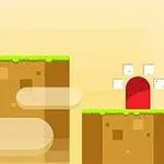 Kreskówkowa postać stoi na platformie z ziemi obok czerwonych drzwi z blokami dookoła