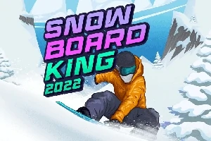Postać w pomarańczowej kurtce snowboardzie na śnieżnym stoku z tekstem SNOWBOARD KING 2022 w tle