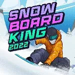 Postać w pomarańczowej kurtce snowboardzie na śnieżnym stoku z tekstem SNOWBOARD KING 2022 w tle