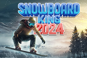 Snowboardzista w zimowym krajobrazie wykonuje trik, a w tle widnieje tytuł SNOWBOARD KING 2024 z górami i drzewami