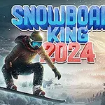 Snowboardzista w zimowym krajobrazie wykonuje trik, a w tle widnieje tytuł SNOWBOARD KING 2024 z górami i drzewami