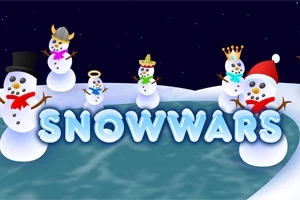 Bałwanki z różnymi nakryciami głowy stojące wokół lodowego jeziora z napisem SNOWWARS