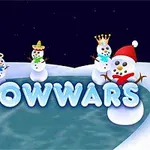 Bałwanki z różnymi nakryciami głowy stojące wokół lodowego jeziora z napisem SNOWWARS