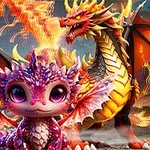 Kolorowy mały smok siedzi przed tęczowym jajkiem, a w tle znajduje się większy smok ziejący ogniem