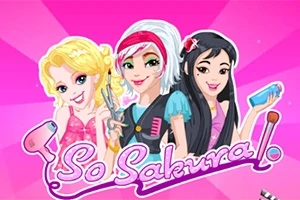 Trzy uśmiechnięte postacie kobiece z różnorodnymi fryzurami i stylizacjami, każda trzymająca przedmiot związany z kosmetykami, na różowym tle z napisem So Sakura