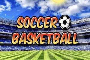 Napis Soccer Basketball z piłką na tle stadionu z murawą i niebem