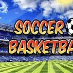 Napis Soccer Basketball z piłką na tle stadionu z murawą i niebem