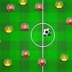 Ilustracja przedstawia boisko do piłki nożnej z piłką na środku, otoczoną przez animowane postacie graczy w czerwonych i żółtych koszulkach