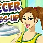 Kobieta w żółtej koszulce sportowej oraz napis Soccer Dress-Up na kolorowym tle