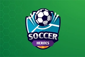 Logo z piłką nożną na niebieskiej tarczy z napisem SOCCER HEROES na zielonym tle