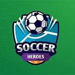 Logo z piłką nożną na niebieskiej tarczy z napisem SOCCER HEROES na zielonym tle